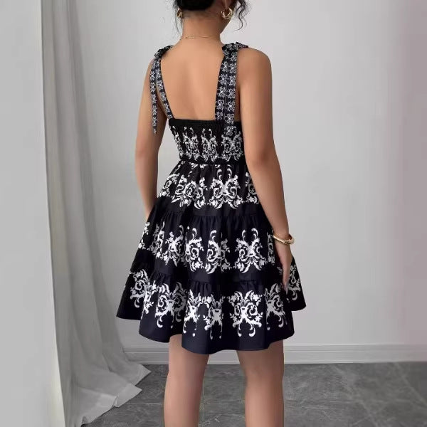 Retro Minimalist Burnt-Flower Lace-Up Strap Black Short Dress