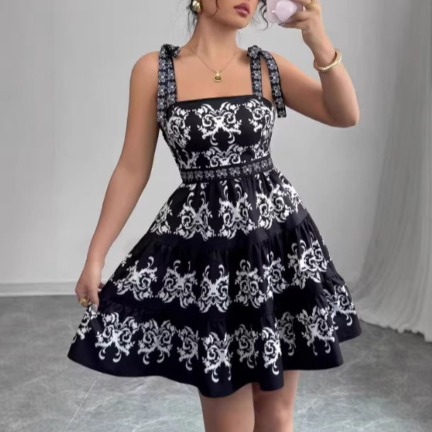 Retro Minimalist Burnt-Flower Lace-Up Strap Black Short Dress
