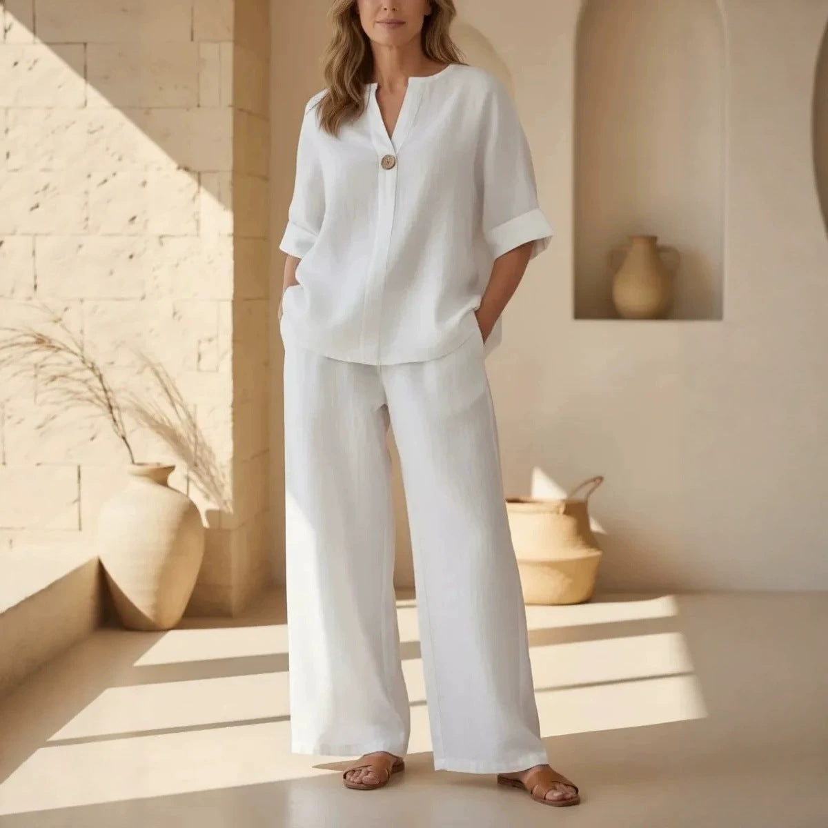 V-Neck Three-Quarter Sleeve Pants Casual Set