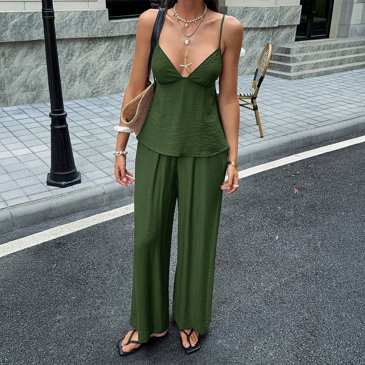 Summer Resort-Style Camisole T-shirt And Pants Set
