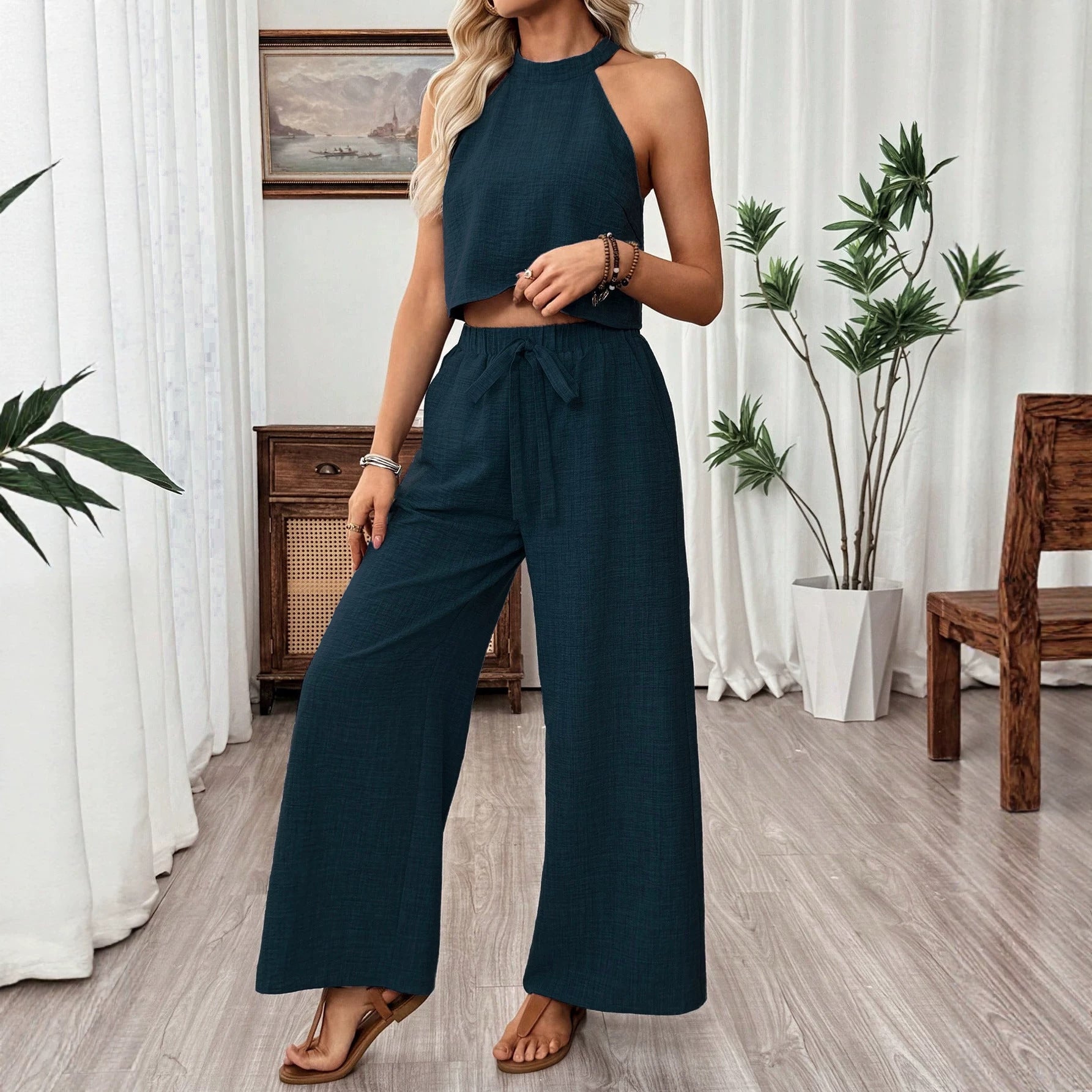 Sleeveless Cropped Top And Wide-leg Pants Set