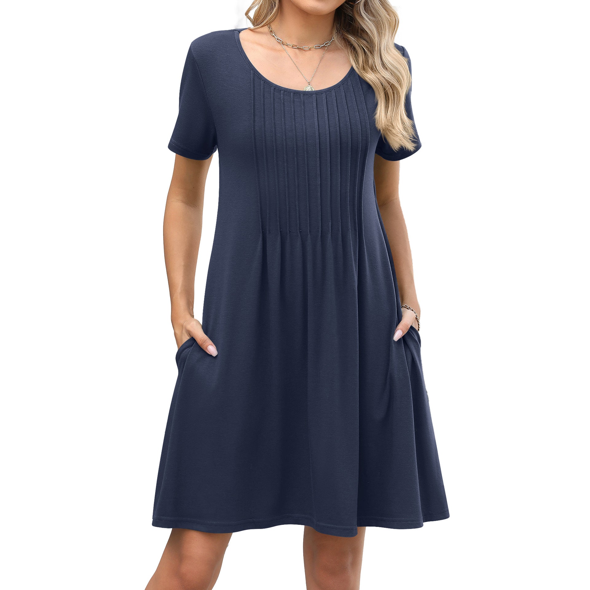 Crewneck Ribbed Loose-fit Short-sleeve Pocket Dress