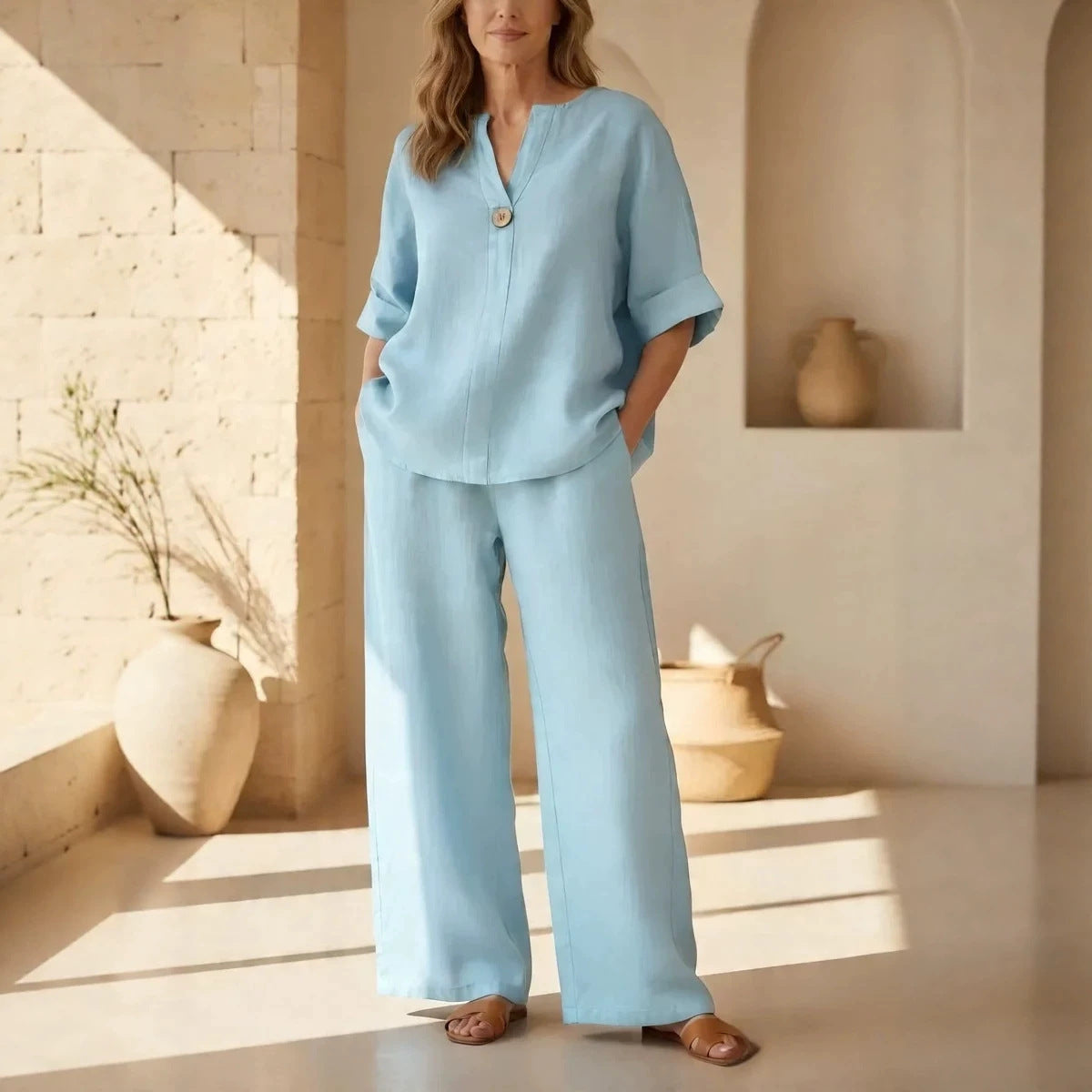 V-Neck Three-Quarter Sleeve Pants Casual Set