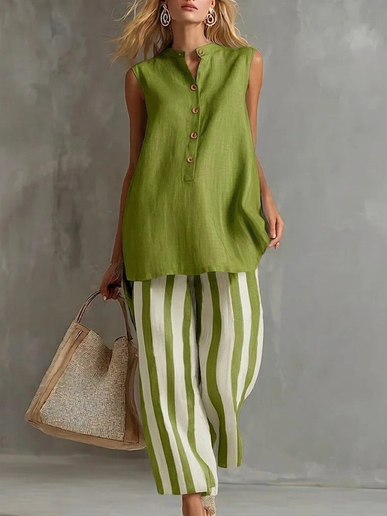 Casual Sleeveless Shirt Top And Striped Wide-Leg Pants Two-Piece Set