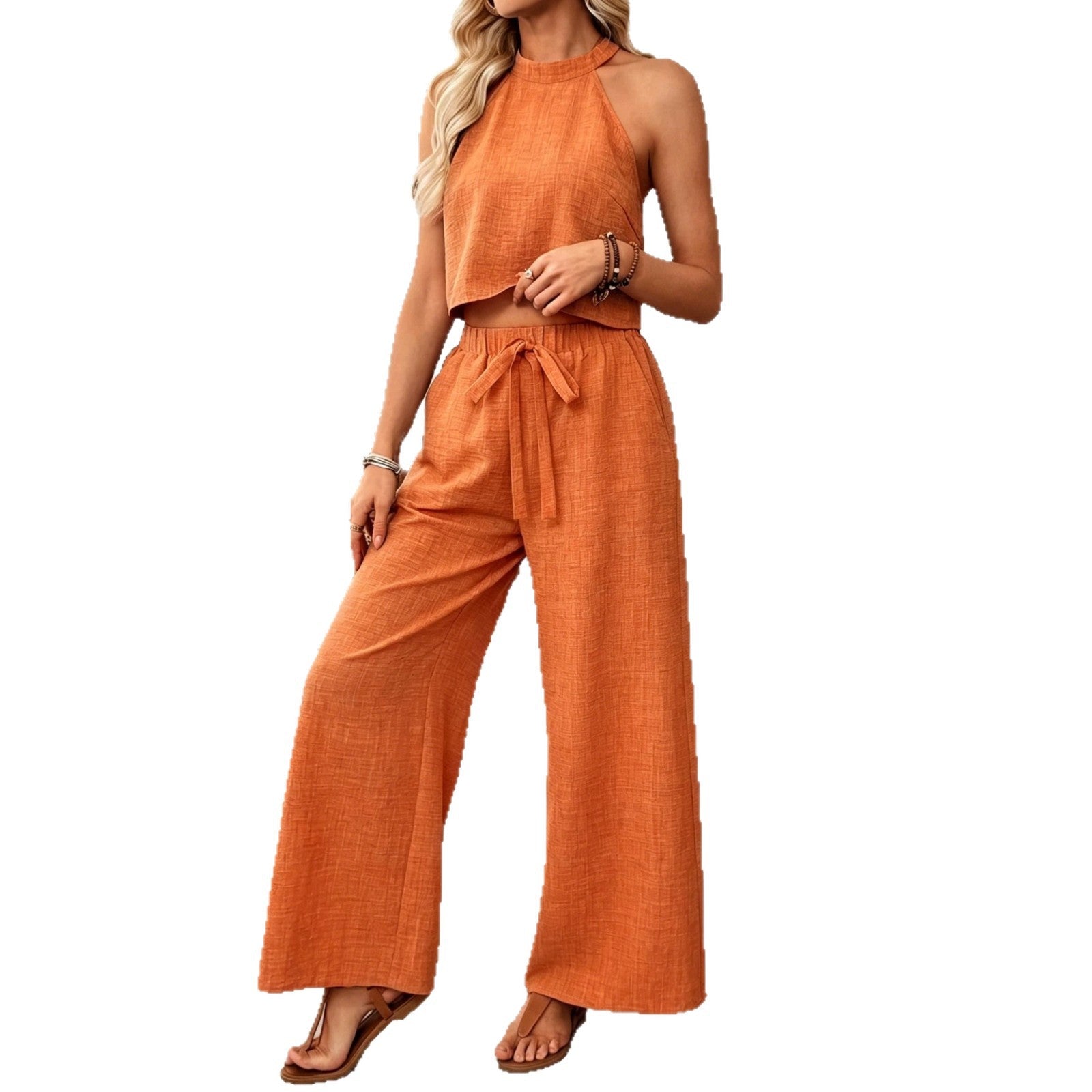 Sleeveless Cropped Top And Wide-leg Pants Set