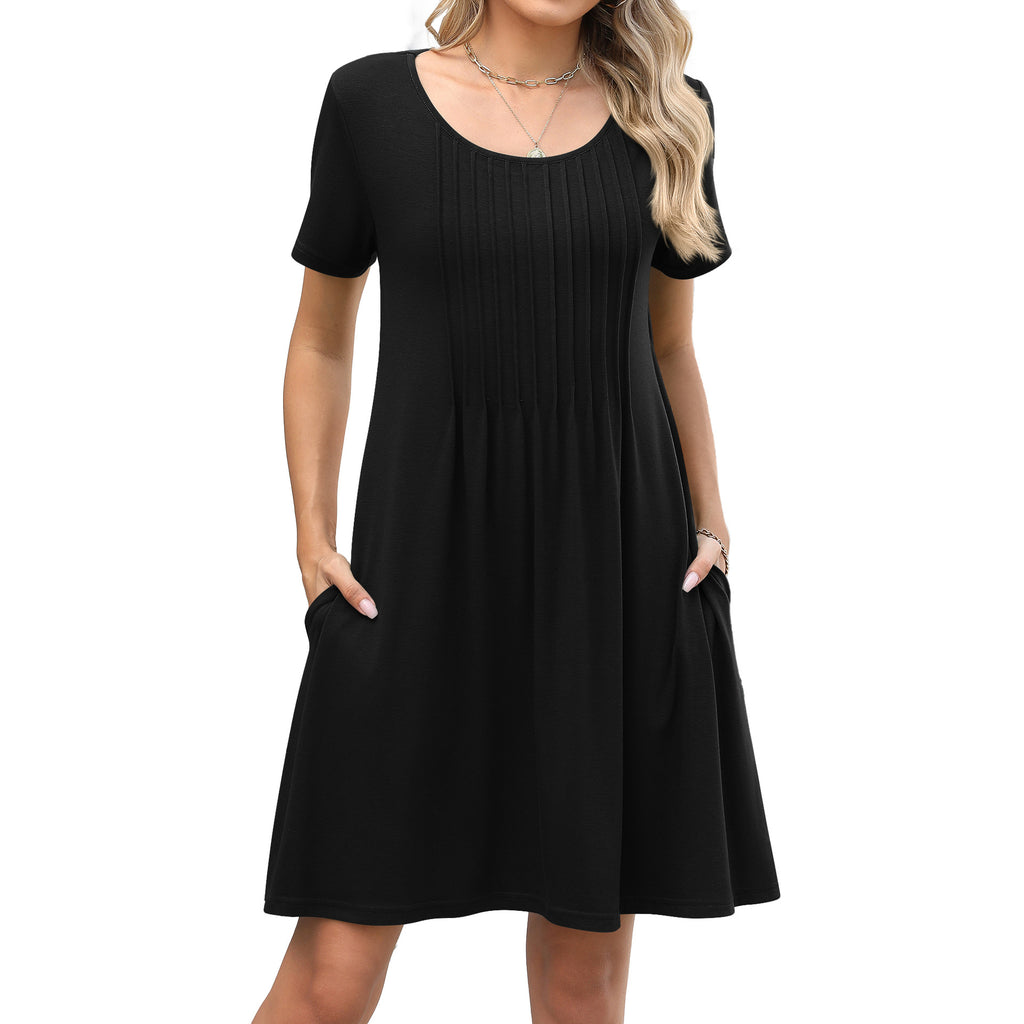 Crewneck Ribbed Loose-fit Short-sleeve Pocket Dress