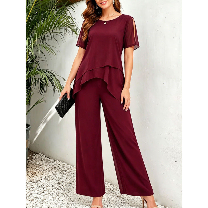 Chiffon Top And Wide-Leg Pants Two-Piece Set