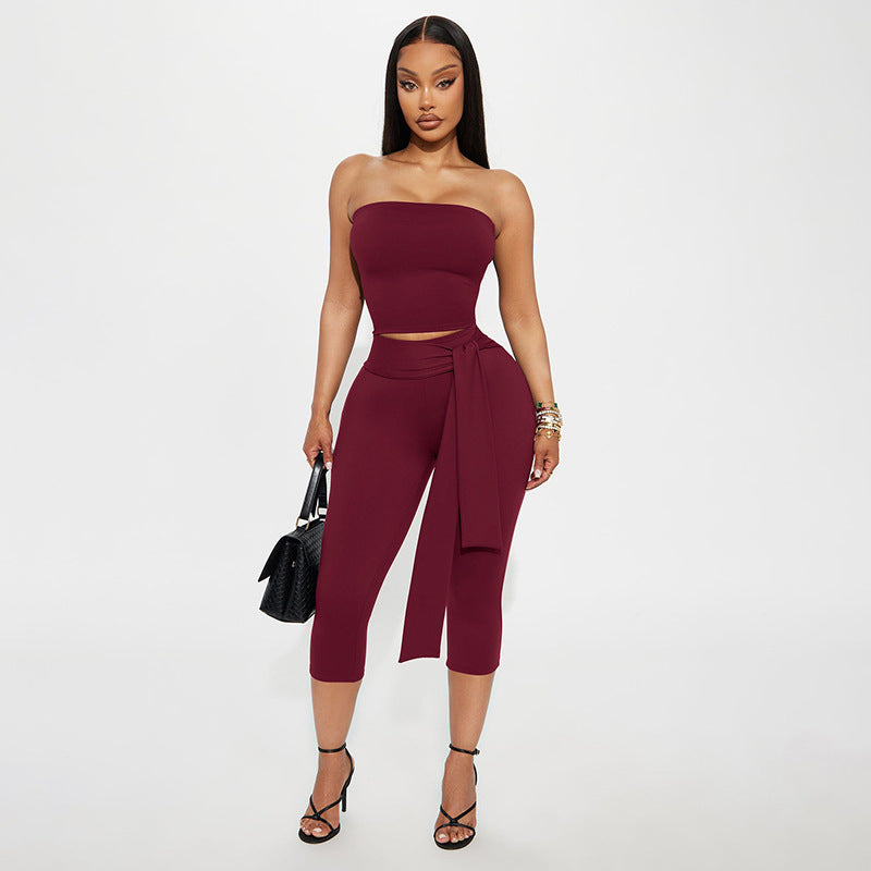 Strapless Midriff-baring Top And High-waisted Pants Set