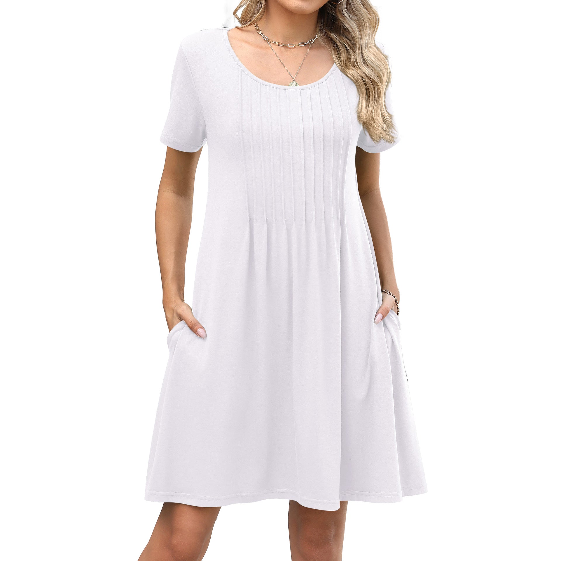 Crewneck Ribbed Loose-fit Short-sleeve Pocket Dress