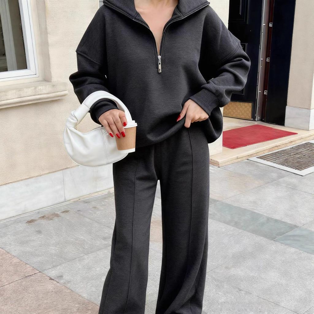 Womens Fashion Half-zip Pullover Hoodie And Pants Set