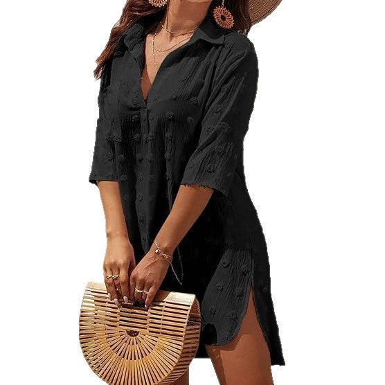 Three-quarter Sleeves Solid Color Sun-protective Sundress