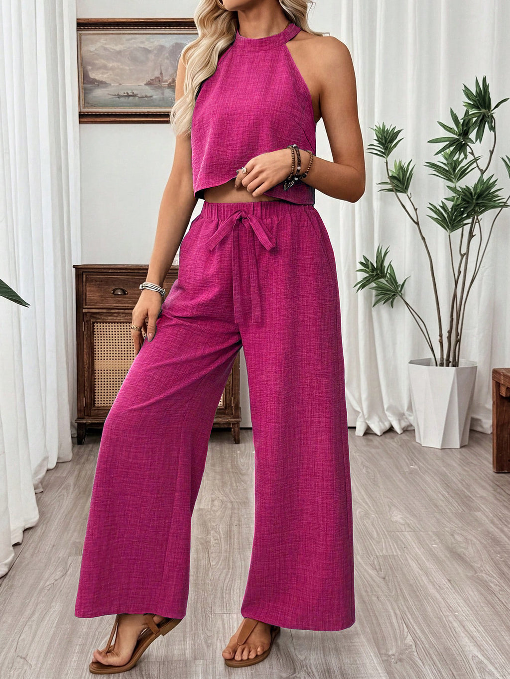 Sleeveless Cropped Top And Wide-leg Pants Set