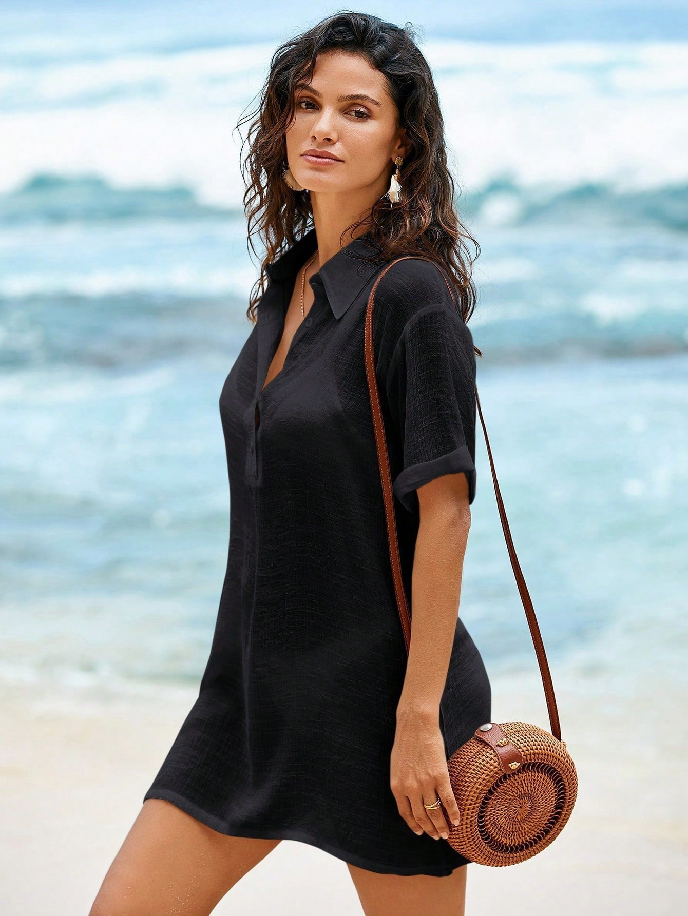 Loose Solid-Color Shirt-Style Casual Dress
