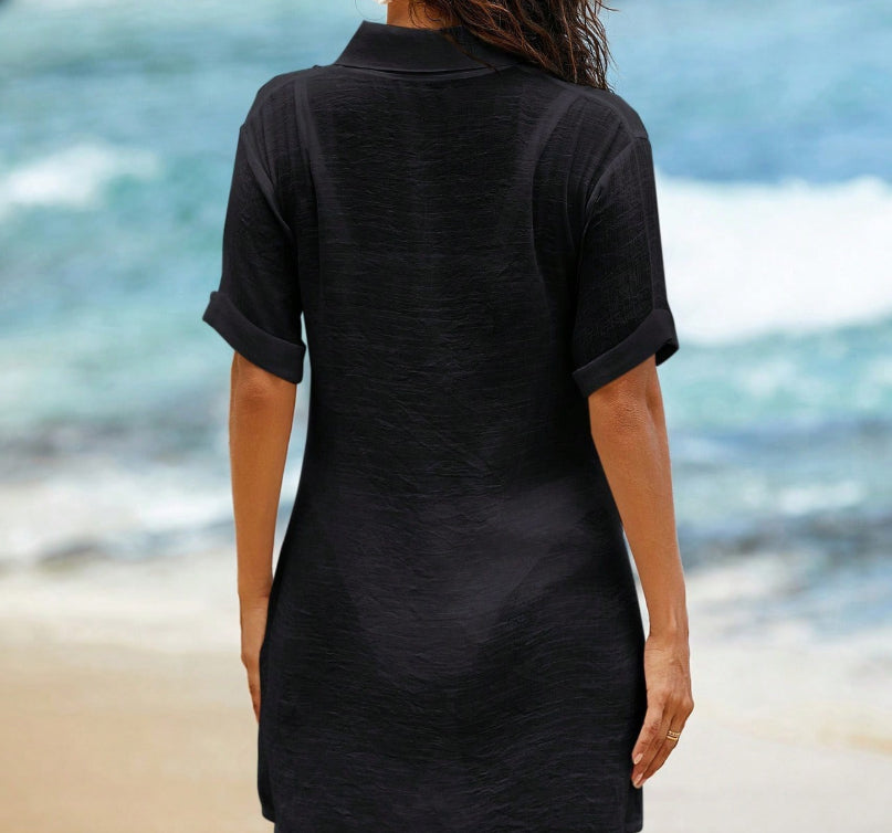Loose Solid-Color Shirt-Style Casual Dress