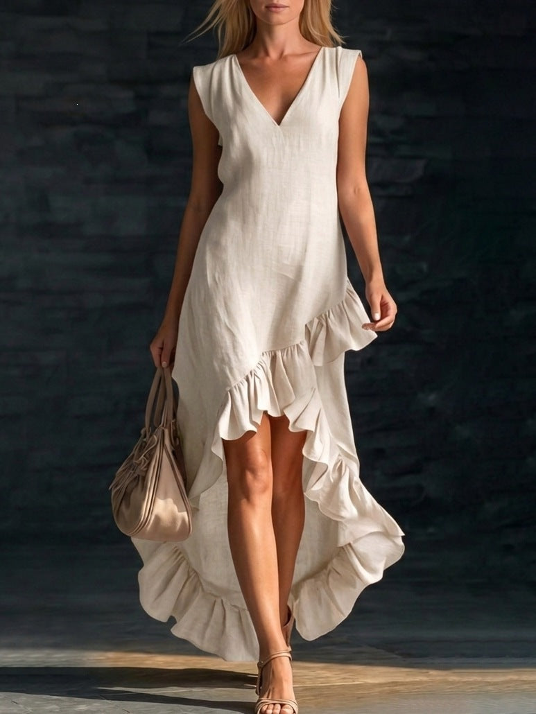Romantic Sleeveless V-Neck Ruffle Hem Cotton Linen Dress