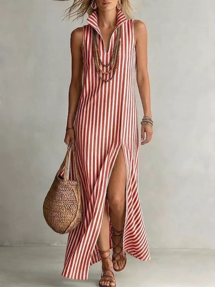 Seasonal Striped Stand Collar Side-Slit Camisole Dress