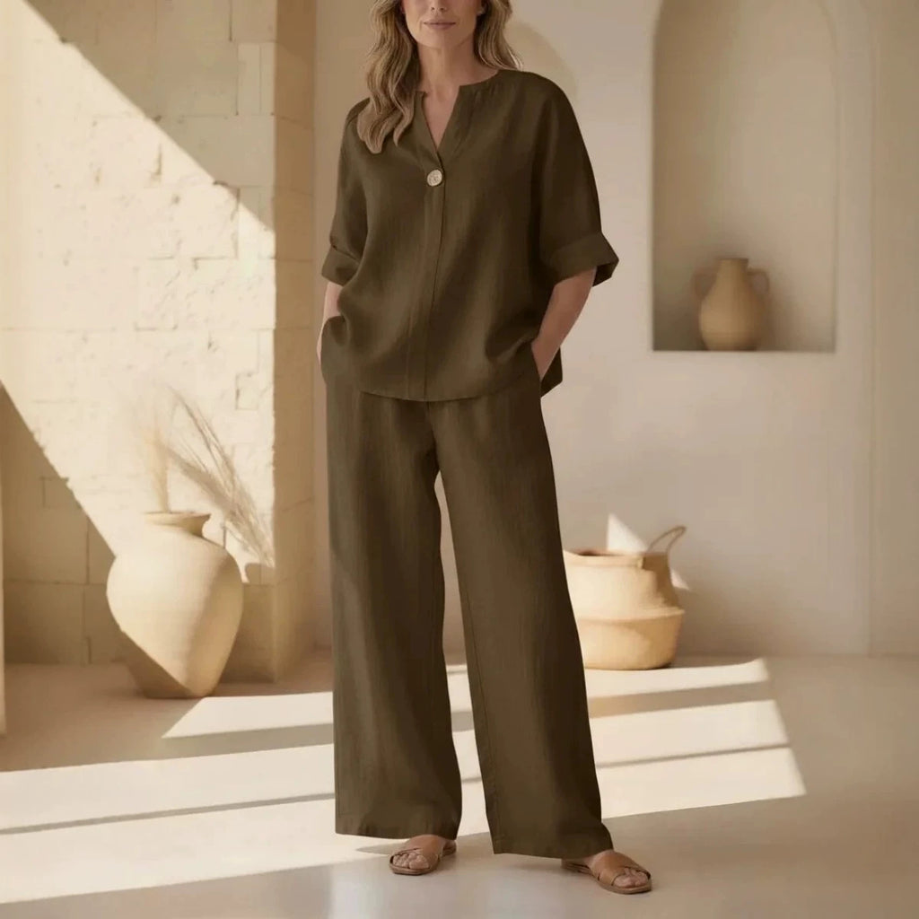V-Neck Three-Quarter Sleeve Pants Casual Set