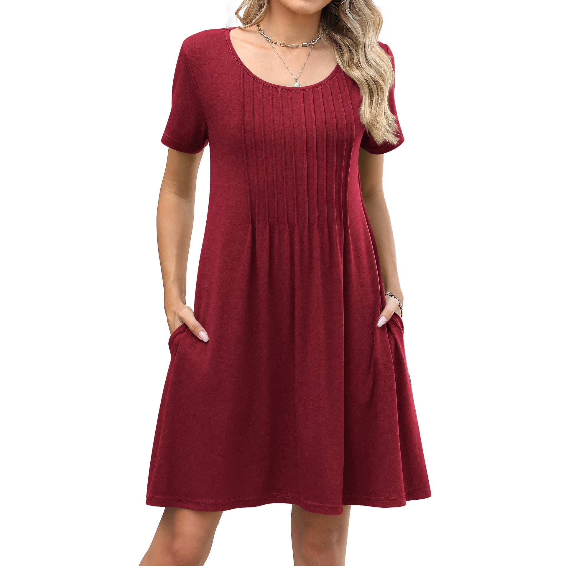 Crewneck Ribbed Loose-fit Short-sleeve Pocket Dress