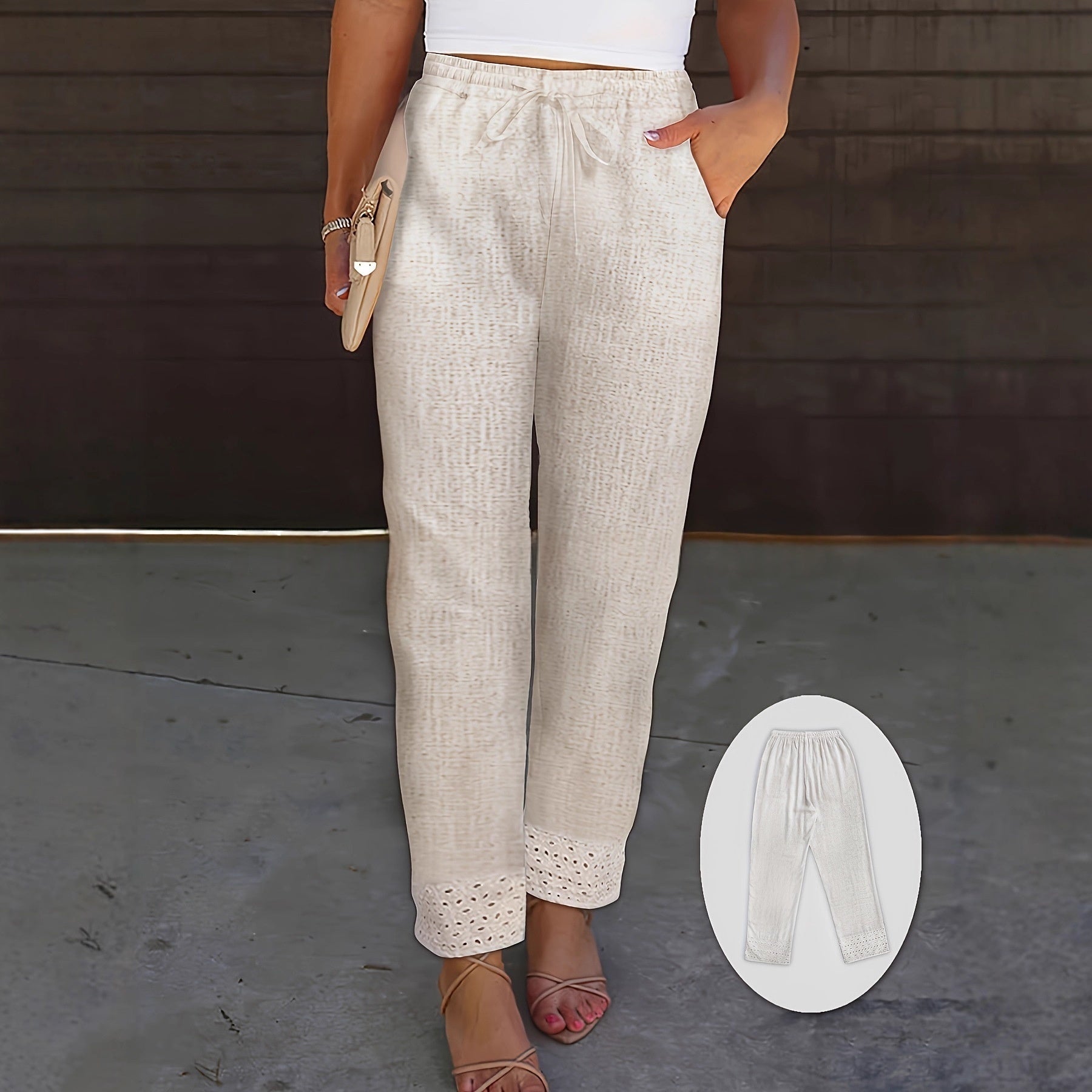 European And American-style Embroidered Lace-Cropped Pants