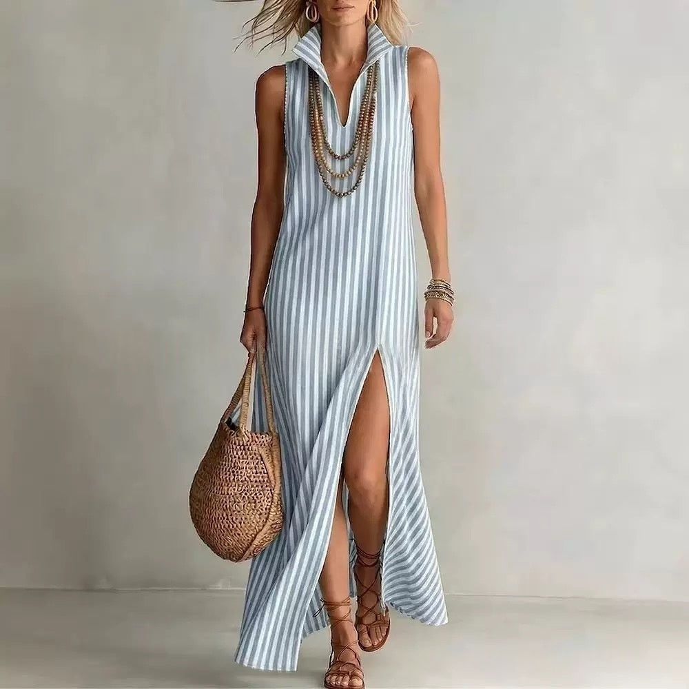 Seasonal Striped Stand Collar Side-Slit Camisole Dress