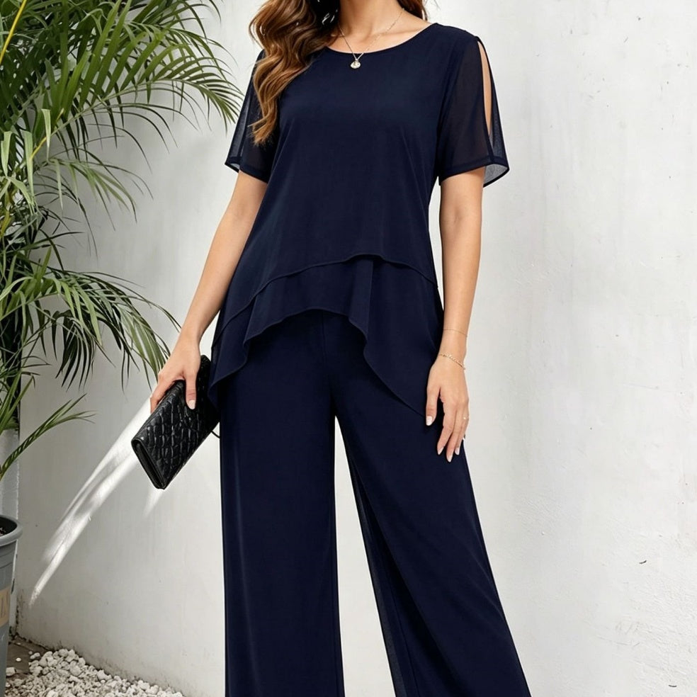 Chiffon Top And Wide-Leg Pants Two-Piece Set