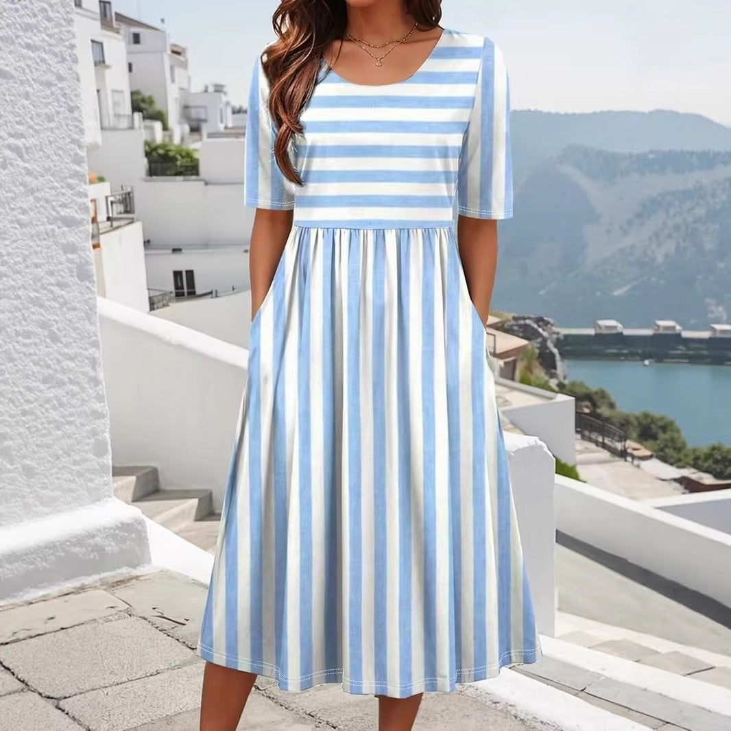 Striped Short-Sleeve Crew-Neck Vacation Sundress
