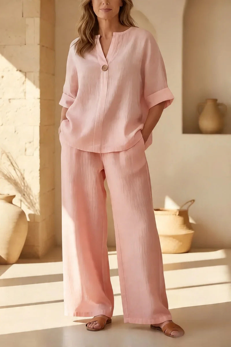 V-Neck Three-Quarter Sleeve Pants Casual Set