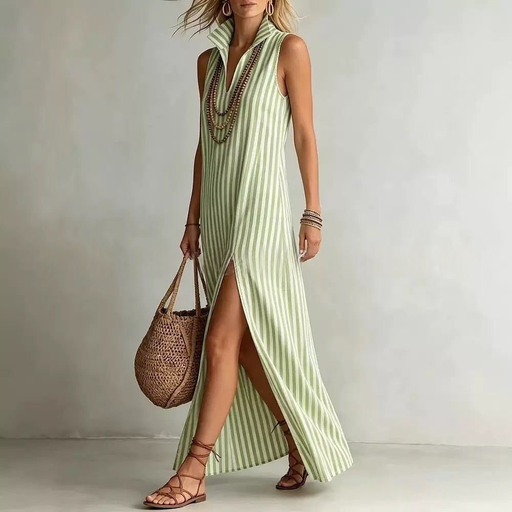 Seasonal Striped Stand Collar Side-Slit Camisole Dress
