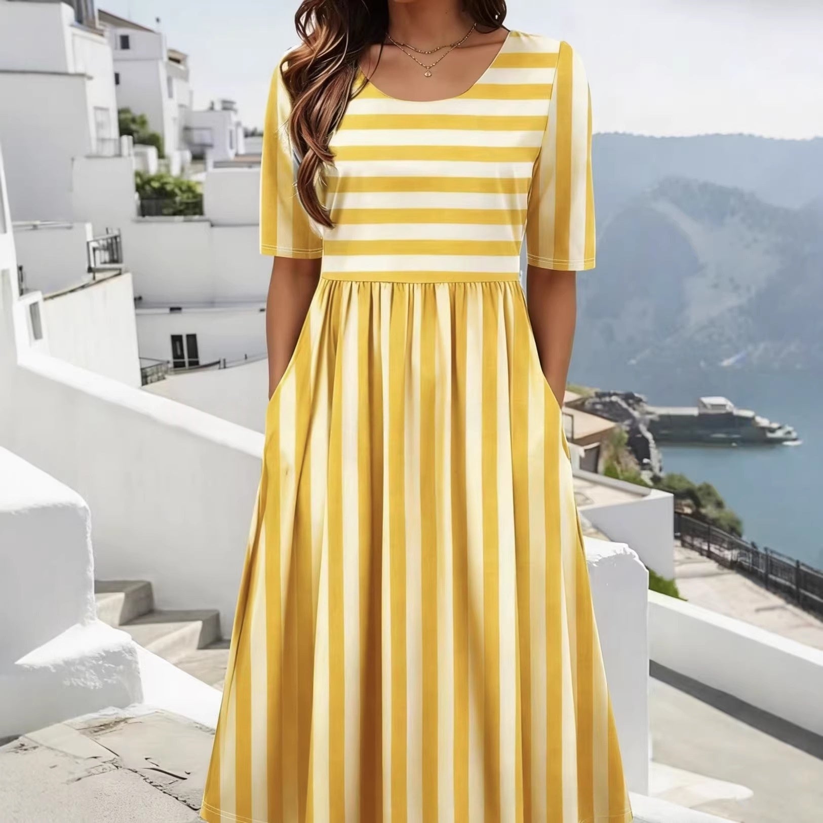 Striped Short-Sleeve Crew-Neck Vacation Sundress