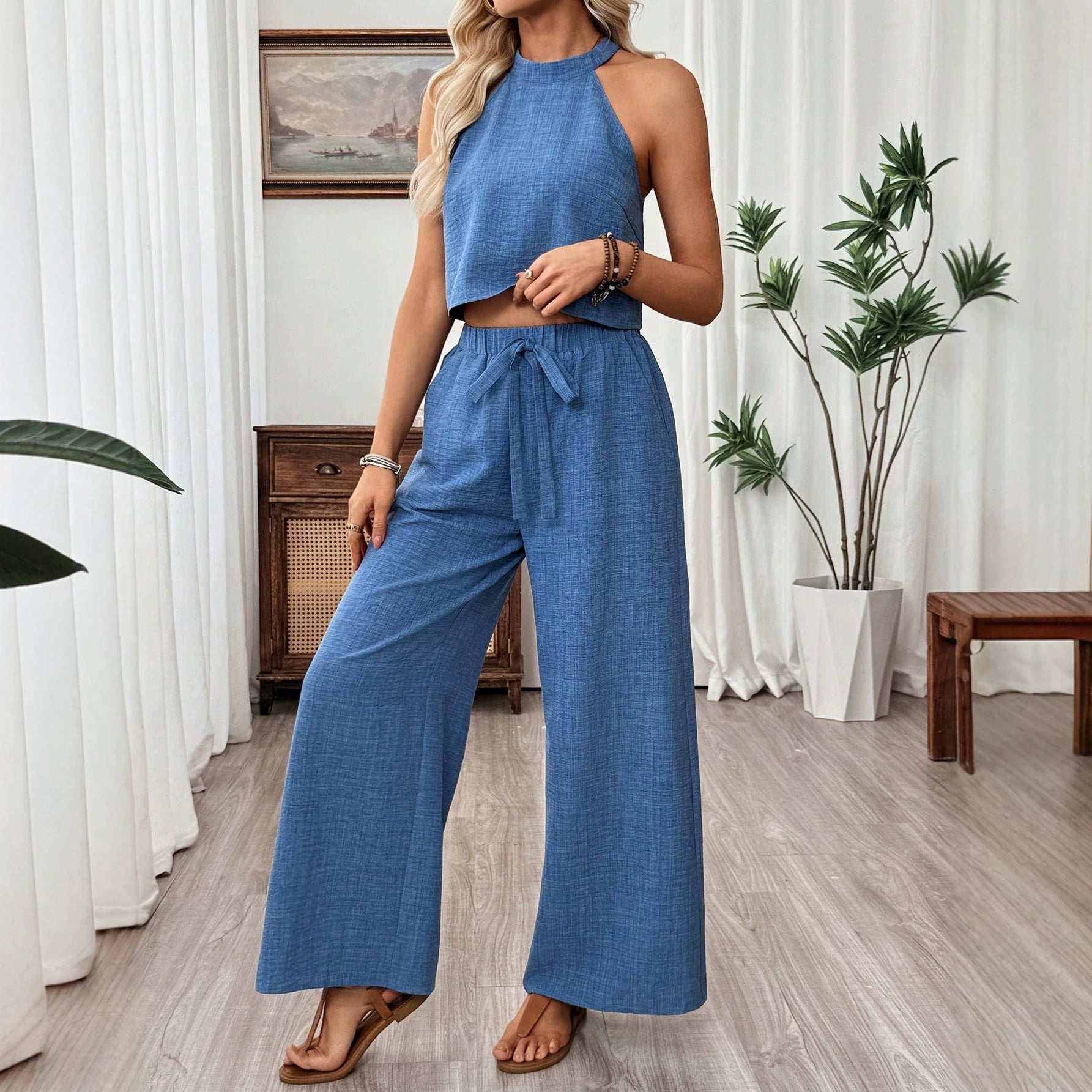 Sleeveless Cropped Top And Wide-leg Pants Set