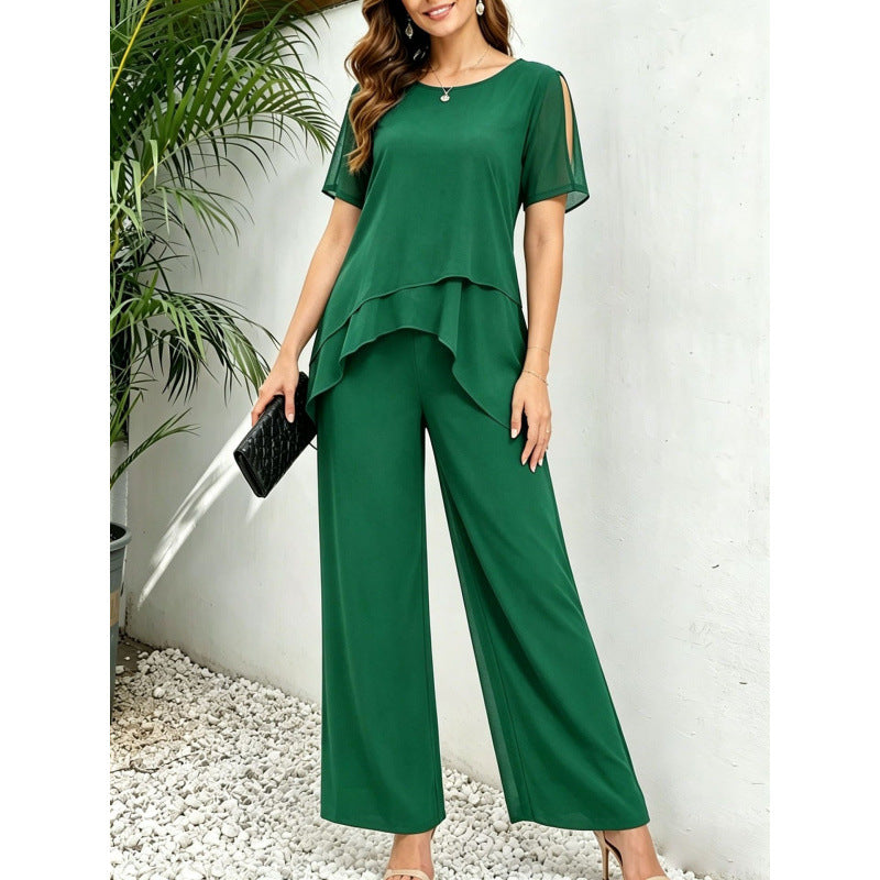 Chiffon Top And Wide-Leg Pants Two-Piece Set