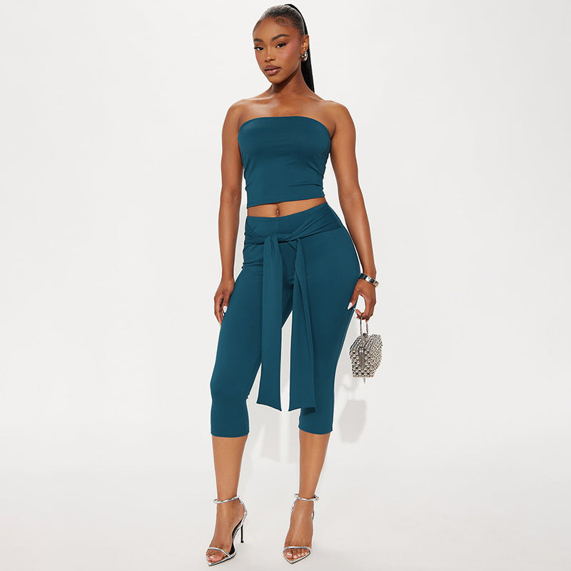 Strapless Midriff-baring Top And High-waisted Pants Set