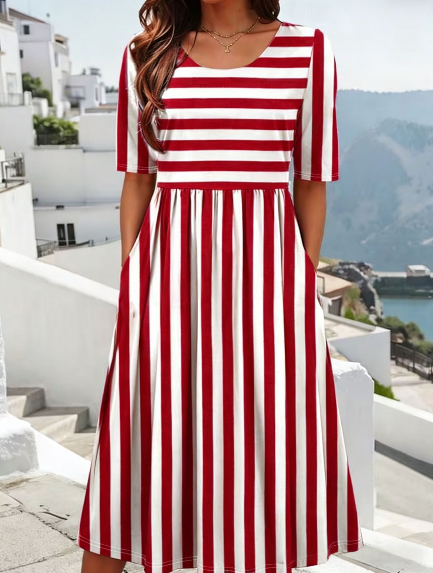 Striped Short-Sleeve Crew-Neck Vacation Sundress