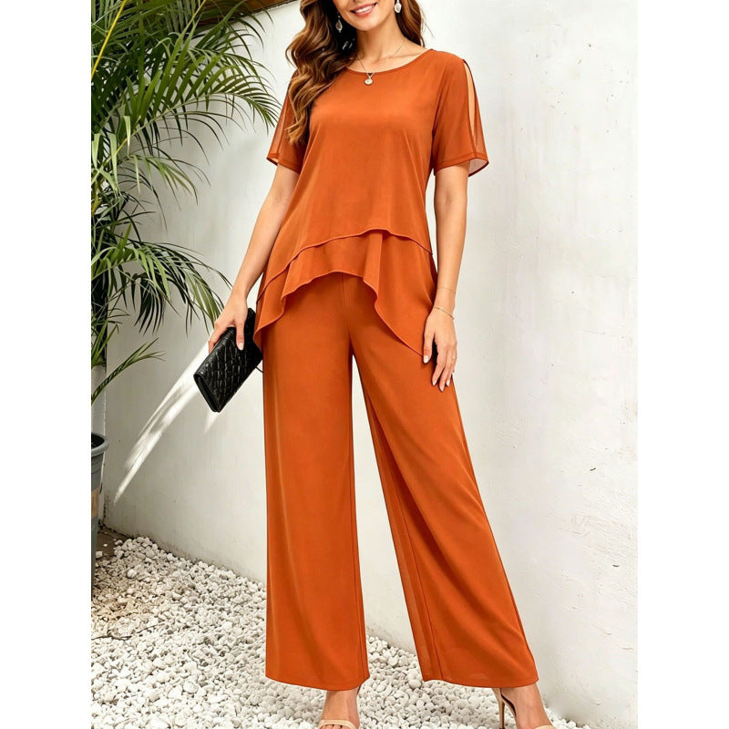 Chiffon Top And Wide-Leg Pants Two-Piece Set