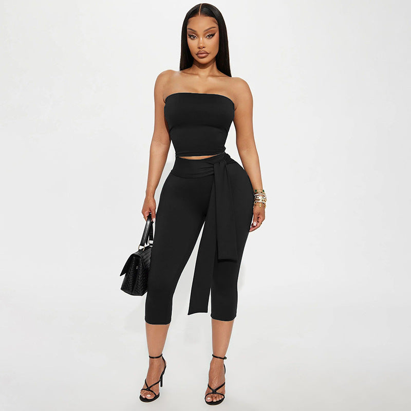 Strapless Midriff-baring Top And High-waisted Pants Set