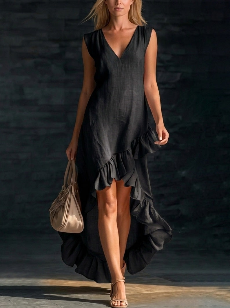Romantic Sleeveless V-Neck Ruffle Hem Cotton Linen Dress