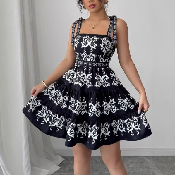 Retro Minimalist Burnt-Flower Lace-Up Strap Black Short Dress