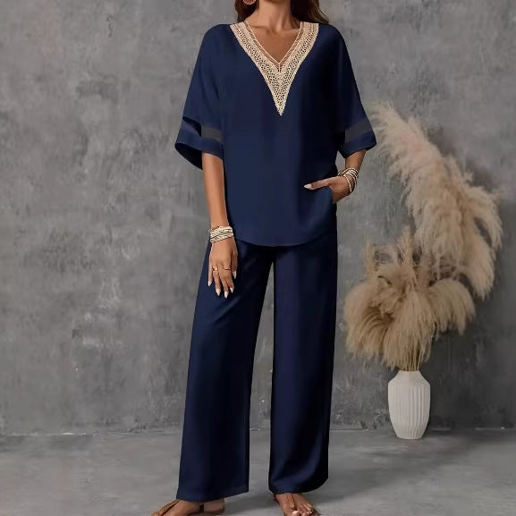 V-neck Top With Wide-leg Pants Womens Set