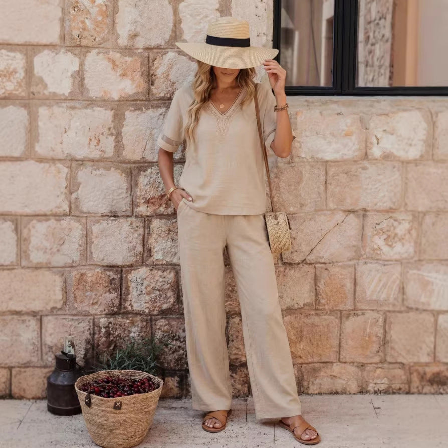 V-neck Top With Wide-leg Pants Womens Set