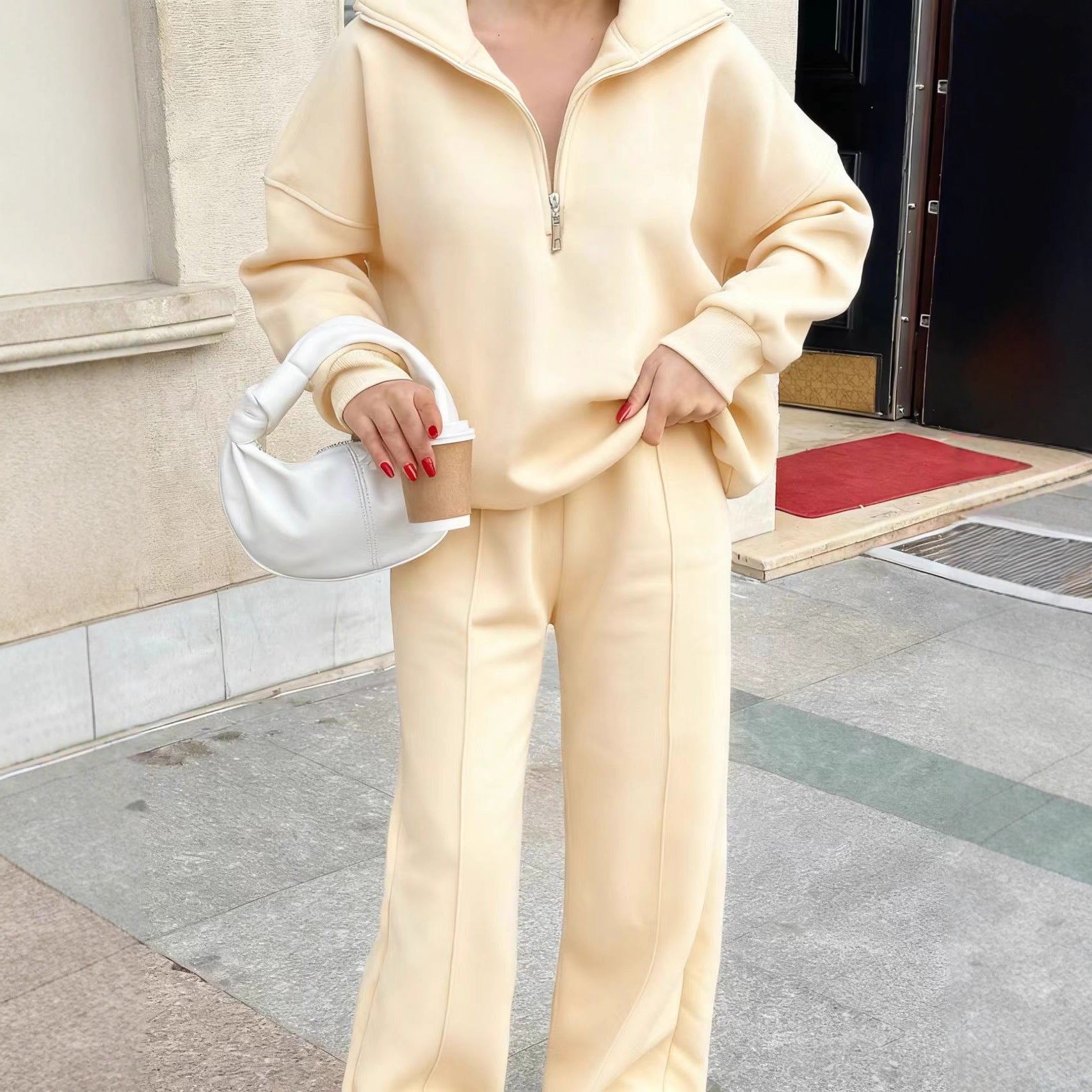 Womens Fashion Half-zip Pullover Hoodie And Pants Set
