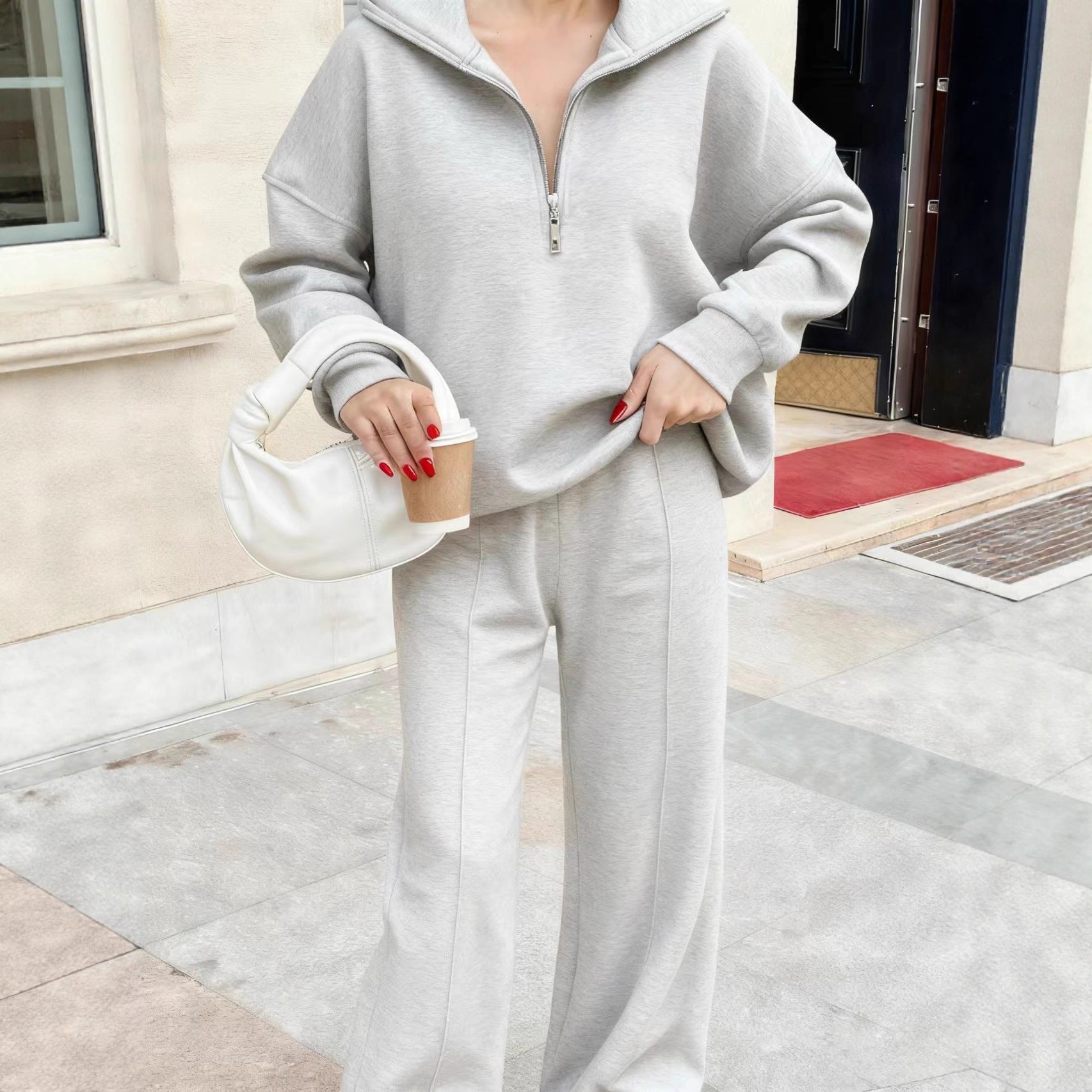 Womens Fashion Half-zip Pullover Hoodie And Pants Set