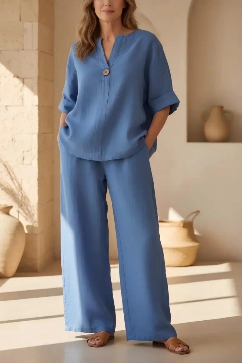 V-Neck Three-Quarter Sleeve Pants Casual Set