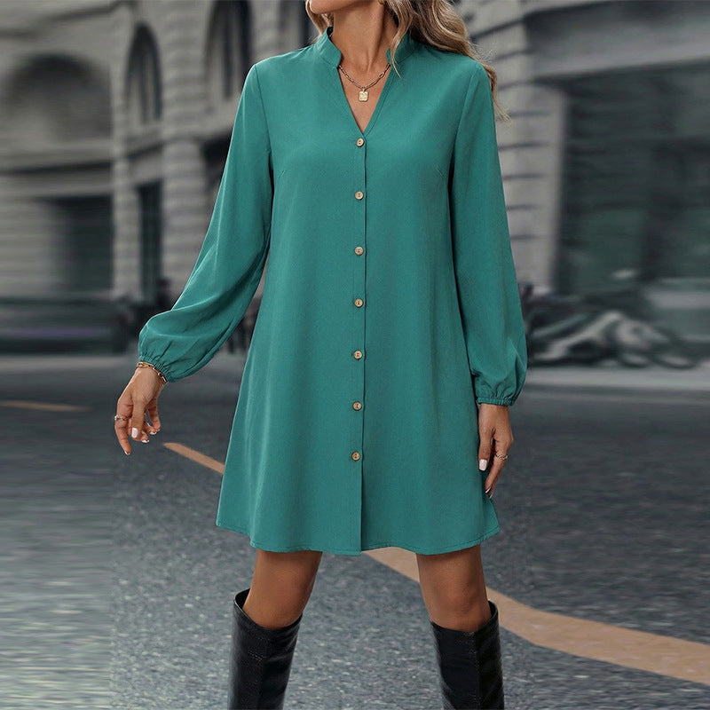 European And American-style Fashion Solid-color Long-sleeve Dress