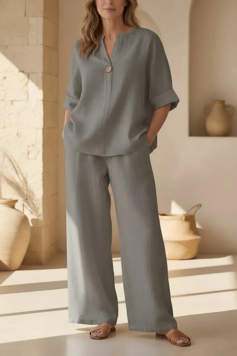 V-Neck Three-Quarter Sleeve Pants Casual Set