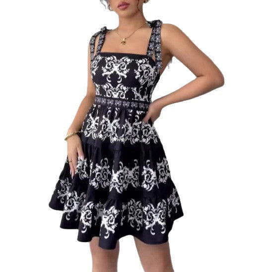 Retro Minimalist Burnt-Flower Lace-Up Strap Black Short Dress