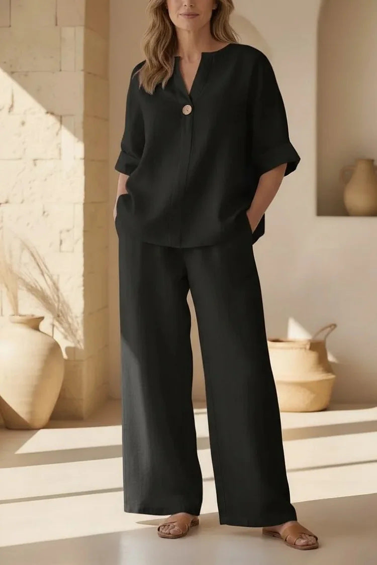 V-Neck Three-Quarter Sleeve Pants Casual Set
