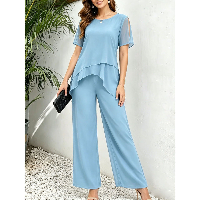 Chiffon Top And Wide-Leg Pants Two-Piece Set