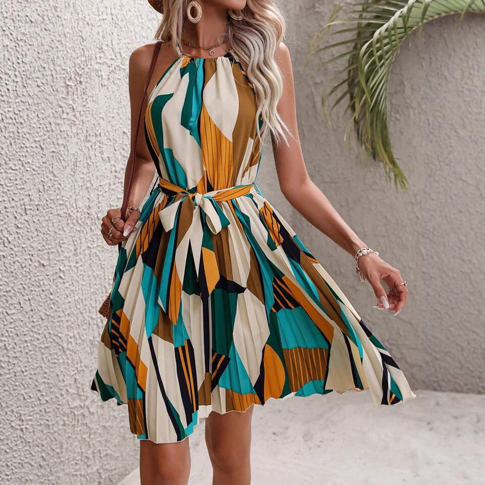 Off-Shoulder Lace-Up Pleated Skirt